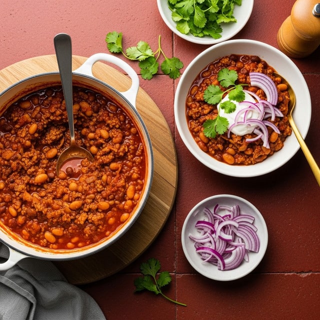 A white pot filled with a thick chili made of brown beans and ground meat in a red sauce sits on a round wooden board. A silver spoon stands inside the chili. Beside the pot, there is a white bowl containing the chili topped with white sour cream, fresh green cilantro leaves, and thin slices of purple onion, with a gold spoon resting in it. Nearby, a round small white dish holds extra purple onion slices. The background is a red tiled surface with some scattered cilantro leaves and a wooden pepper grinder. Photo taken with an iphone --ar 4:5 --v 7