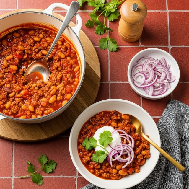 A white pot filled with a thick, chunky chili made of ground meat and white beans in a rich, dark red sauce sits on a round wooden board. A spoon is dipped into the chili, lifting some of the hearty mixture. To the right, a white bowl holds a serving of the chili topped with a dollop of white sour cream, fresh green cilantro leaves, crumbled white cheese, and thin slices of purple onion, with a gold spoon inside. A small white plate in the bottom left corner contains extra slices of purple onion. Fresh cilantro sprigs are scattered on the white marbled surface around the setup, with a small wooden pepper grinder and a silver spoon nearby. photo taken with an iphone --ar 4:5 --v 7