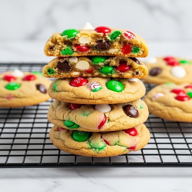 A stack of five sugar cookies sits on a black wire cooling rack over a white marbled texture. The cookies are thick with a soft, slightly golden dough mixed with green, red, and white candy pieces and white chocolate chips. The top cookie is broken in half, showing a soft, chewy inside filled with more colorful candy bits and dark chocolate chips. The candies on the cookies' surface add bright pops of red, green, and white, giving a festive look. Photo taken with an iphone --ar 4:5 --v 7
