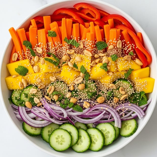 A white bowl filled with a colorful layered salad, starting with sliced cucumber and thin red onion strips at the bottom, followed by bright orange carrot sticks and yellow mango slices on top. Red bell pepper strips add more color around the edges. The salad is sprinkled generously with chopped peanuts, sesame seeds, and fresh green mint leaves scattered all over. The dish sits on a white marbled surface. photo taken with an iphone --ar 4:5 --v 7
