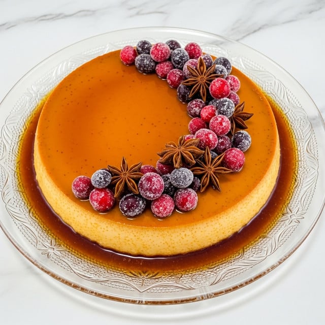 The image shows a smooth, shiny flan with a rich caramel orange top layer. It sits on a clear glass plate with a delicate pattern, placed on a white marbled surface. On the flan, there is a curved line of fresh red and frosted cranberries, placed close together along with several brown star anise pieces, adding texture and a festive touch. The flan’s edges are slightly darker with caramel glaze dripping lightly around it. Photo taken with an iphone --ar 4:5 --v 7