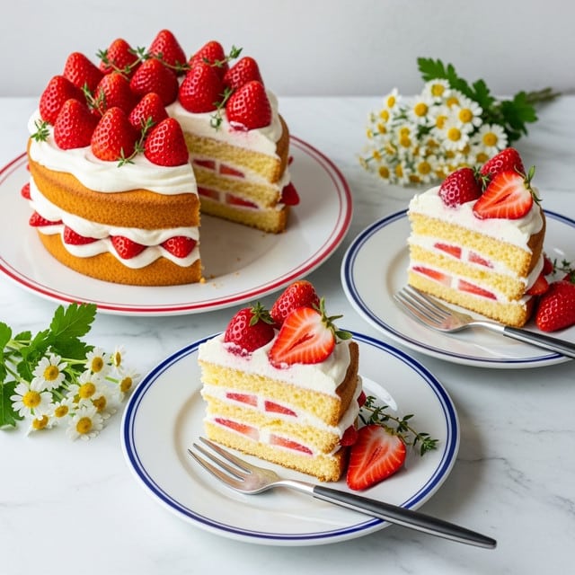A two-layer yellow sponge cake topped and filled with white whipped cream and red strawberries sits on a white plate with a red rim. The top layer is covered with whipped cream and whole strawberries, some cut in half, along with a few green herb sprigs. Two white plates with blue rims each hold a slice of the cake: one slice shows two layers separated by whipped cream and strawberries, with whipped cream and a strawberry on the side, and the other slice has whipped cream and strawberries oozing between the layers. Both plates have black forks. The setup is on a dark rustic wooden surface with a small bunch of white daisies and green leaves in the corner. Photo taken with an iphone --ar 4:5 --v 7