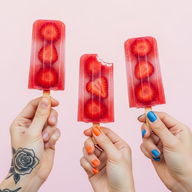 Three red fruit popsicles with visible slices of strawberries inside are held up by two hands and one woman's hand against a plain soft pink background. The popsicles are slightly transparent, showing detailed textures of the fruit and icy surface. One popsicle in the center has a bite taken from the top right corner, revealing the inner layers. The left hand holding a popsicle has a black rose tattoo on the wrist, while the right woman’s hand has blue nail polish and the middle woman's hand has orange nail polish. The sticks are plain light wood, and the overall look is fresh and colorful with a clean, simple background. Photo taken with an iphone --ar 4:5 --v 7