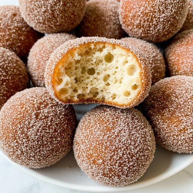 A close-up view of many small, round fritters covered in a rough, golden-brown cinnamon sugar crust, piled together on a white plate. One fritter is bitten into, revealing a soft, light, and slightly airy inside with a pale yellow color and specks of cinnamon. The texture looks crispy and sugary on the outside while soft and moist on the inside. The background features a white marbled texture. photo taken with an iphone --ar 4:5 --v 7