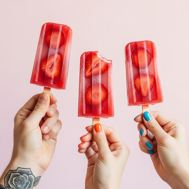 Three bright red popsicles with visible slices of strawberries inside are held up against a soft pink background. Each popsicle has three distinct vertical ridges and a wooden stick at the bottom. The popsicle on the left is held by a tattooed hand with a small drop of red liquid on the skin, the middle popsicle is held by a woman's hand with peach-colored nails, and the right popsicle is held by a woman's hand with bright blue nails and a small bite taken out of the top. The overall look is fresh and colorful, with the texture of the frozen popsicles glossy and slightly wet. Photo taken with an iphone --ar 4:5 --v 7
