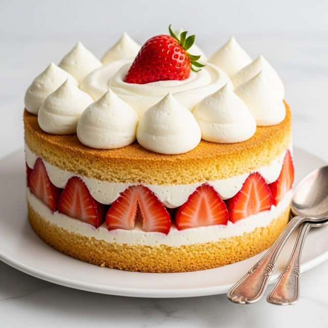 A close-up of a round shortcake with three visible layers: the bottom layer is a light golden sponge cake, the middle layer is made of evenly sliced bright red strawberries set against white cream, and the top layer consists of smooth, whipped cream with large dollops evenly spaced, topped with a whole strawberry in the center. The cake sits on a white plate with two vintage silver spoons resting beside it, all placed on a white marbled texture. photo taken with an iphone --ar 4:5 --v 7