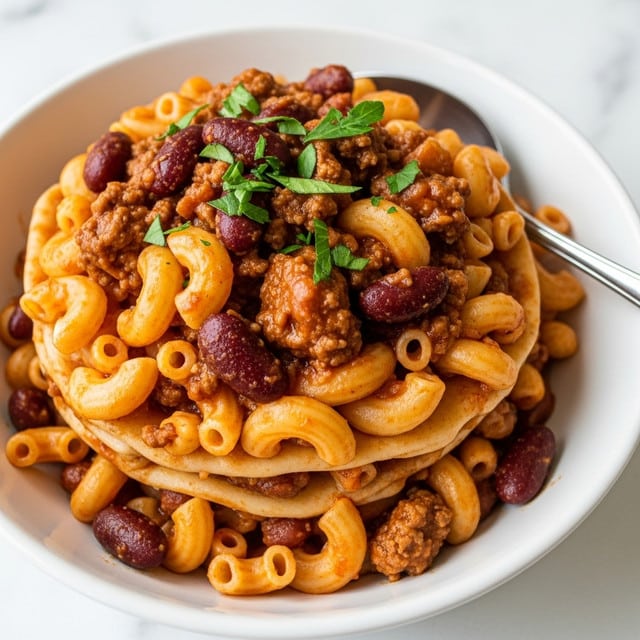 A close-up view of a white bowl filled with three layers of elbow macaroni pasta cooked with ground beef and tomato sauce, with visible pieces of kidney beans and chunks of red tomato mixed in. The pasta is coated in a rich brownish-red sauce with small green parsley flakes sprinkled on top. A silver spoon is placed inside the bowl, partly submerged in the food. The bowl sits on another white bowl, all placed on a white marbled surface with a blurred blue and white cloth in the background. photo taken with an iphone --ar 4:5 --v 7