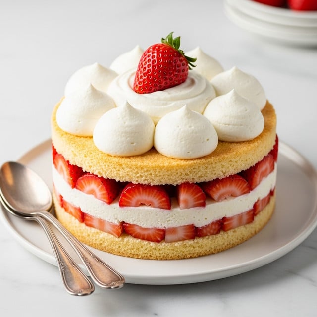 A round strawberry shortcake is shown on a white plate, sitting on a white marbled surface. The cake has three clear layers: the bottom layer is a light tan sponge cake, the middle layer consists of whole bright red strawberries standing upright and pressed against a thick layer of smooth, pale cream above them. The top layer is decorated with evenly spaced dollops of white whipped cream, each shaped like a small cone, with a single whole strawberry placed among the dollops near the center. Two vintage silver spoons lie next to the plate on the white marbled surface. photo taken with an iphone --ar 4:5 --v 7