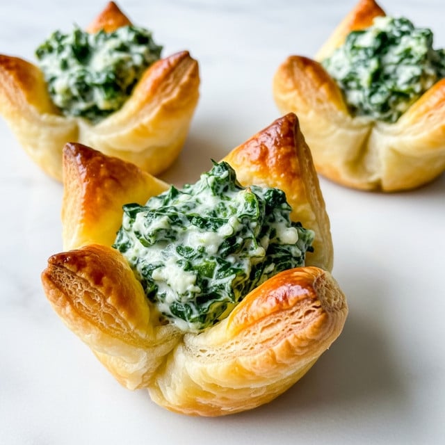 The image shows three small, round pastry cups arranged closely together on a white marbled surface. Each pastry cup has a golden-brown, crispy crust that forms a flower-like shape with slightly folded edges. Inside each cup is a green spinach and cheese mixture that has a creamy texture with visible cooked spinach leaves. The top layer is vibrant green with a slightly melted, soft cheese mix, and the inside of the crust looks flaky and light. The close-up shot captures the delicate and textured details of the pastry and filling, making the dish look fresh and appetizing. photo taken with an iphone --ar 4:5 --v 7