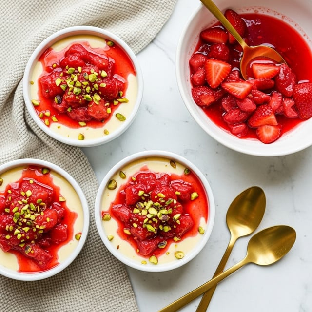 Three small white cups filled with a smooth pale yellow pudding form the bottom layer. On top of each pudding is a layer of cut pink and red fruit pieces with syrup, adding a juicy texture, and small green pistachio nuts sprinkled over for crunch. To the right, there is a white bowl with more chopped pink and red fruit pieces in syrup with a gold spoon inside. Two gold spoons lie near the cups on a white marbled texture. The image is bright and clear, showing the creamy and colorful contrast of the dessert layers. photo taken with an iphone --ar 4:5 --v 7