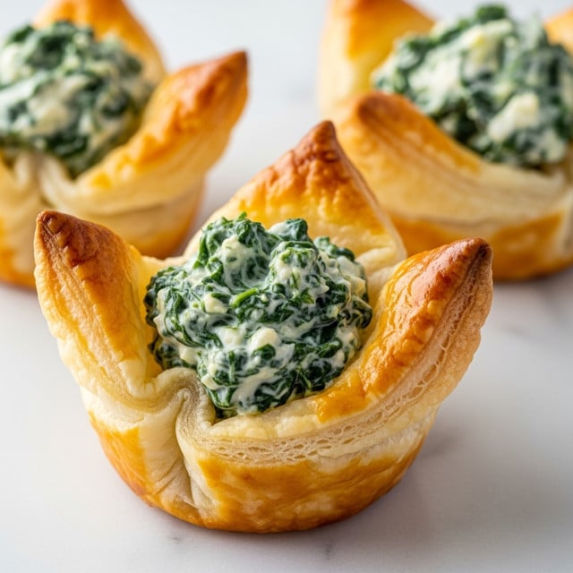Three small puff pastry cups sit on a white marbled surface, each cup shaped with four golden, crispy edges folding inward, creating a shell. Inside each cup, there is a layer of creamy, textured spinach filling that is dark green and mixed with light cream and cheese, giving it a slightly lumpy look. The puff pastry is shiny and flaky, with a warm, golden brown color covering the outer shell. The cups are close together with sharp focus on the front cup and softer focus on the background cups. Photo taken with an iphone --ar 4:5 --v 7