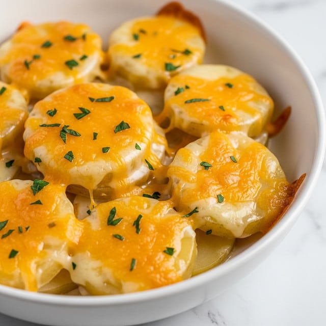 A close-up image of a round white bowl filled with creamy sliced potatoes layered evenly. The potatoes are coated in a smooth, white sauce and topped with melted orange cheese that looks soft and gooey, sprinkled with small bits of green herbs and black pepper. The dish has a rich, creamy texture with some bubbly cheese on top. The bowl sits on a white marbled surface. Photo taken with an iphone --ar 4:5 --v 7