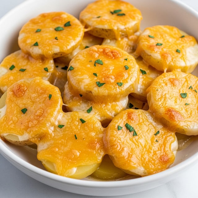 A close-up of a white bowl filled with creamy scalloped potatoes, showing multiple layers of thin, round potato slices covered in melted golden cheddar cheese sauce, with small bits of green herbs sprinkled on top. The cheese is bubbly and slightly browned, and the texture looks smooth and creamy. The bowl is on a white marbled surface. photo taken with an iphone --ar 4:5 --v 7