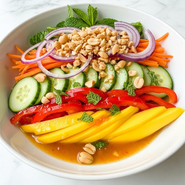 A white bowl filled with a fresh layered salad featuring thin slices of yellow mango and bright red bell pepper as the base. Over the colorful fruit and vegetable layers, there are round green cucumber slices and thin strips of orange carrot. On top, there are thin purple onion slivers scattered around with a generous sprinkle of chopped peanuts and fresh green mint leaves. A light dressing pools at the bottom, giving a shiny orange-yellow glaze over the ingredients. The bowl is set on a white marbled surface. photo taken with an iphone --ar 4:5 --v 7