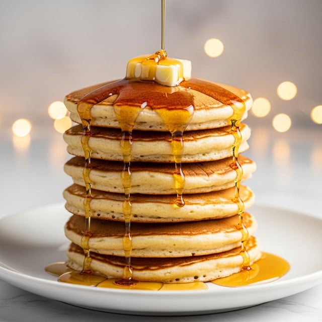 A stack of five thick, golden brown pancakes sits centered on a white plate, each pancake fluffy with a light texture and evenly cooked edges. A small square of pale butter melts slowly on top, with amber maple syrup dripping down the sides and pooling at the base of the stack. The background shows a soft, blurred image of a honey jar with a dipper and more pancakes stacked in a white bowl, all placed on a white marbled surface. photo taken with an iphone --ar 4:5 --v 7