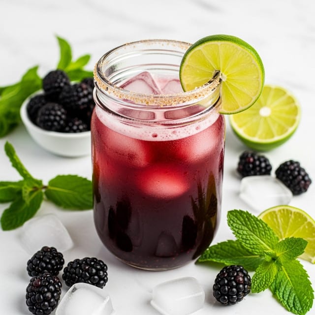 A clear mason jar filled with a deep red drink and a few ice cubes inside, the jar's rim coated with sugar, and a bright green lime slice placed on the edge. Around the jar are scattered fresh blackberries, ice cubes, lime wedges, and green mint leaves, all resting on a white marbled surface. The drink and garnishes create a fresh and colorful contrast. Photo taken with an iphone --ar 4:5 --v 7