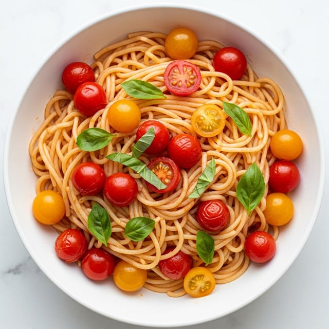 A white bowl is filled with spaghetti noodles that are mixed with a light red tomato sauce. The noodles form the main layer, winding through the bowl in soft, smooth curves. Scattered on top are halved cherry tomatoes in bright red and yellow-orange shades, some slightly cooked and glossy with sauce. Fresh green basil leaves sit on top and among the noodles, adding contrast with their smooth, slightly wrinkled texture. The bowl is placed on a white marbled surface, creating a clean and simple background. photo taken with an iphone --ar 4:5 --v 7