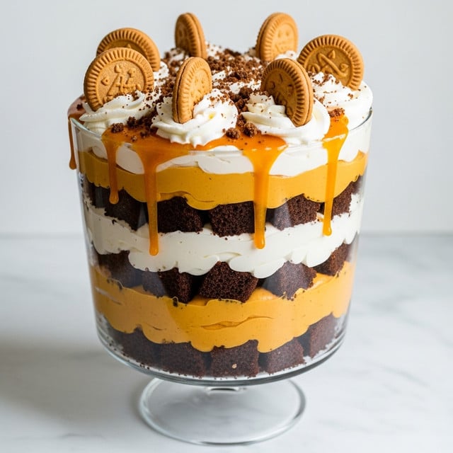 A tall clear glass trifle bowl shows a dessert with five distinct layers, starting from the bottom with dark brown cake cubes packed closely together. Above that is a thick light brown creamy layer, then a thin white cream layer, followed by another thick light brown creamy layer with more cake cubes arranged like a ring just below the top white cream layer. The top layer is white cream topped with whole and halved round brown cookies and some small crumbles. A thick light brown sauce gently drips over the side near the top. The trifle sits on a white marbled surface, with soft natural light highlighting the texture and colors. photo taken with an iphone --ar 4:5 --v 7