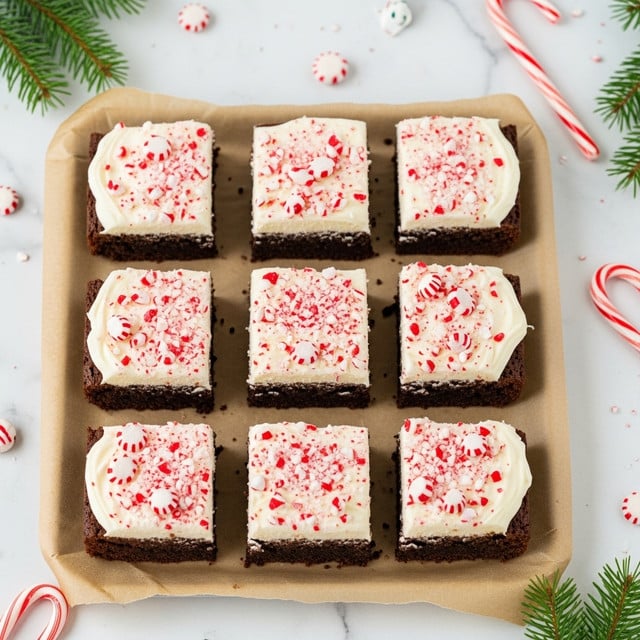 The image shows a white marbled surface holding a wooden board with twenty evenly cut square brownies arranged in four rows and five columns. Each brownie has two clear layers: a thick dark brown chocolate base with a smooth texture and a pale pink frosting layer on top, which is sprinkled with crushed red and white peppermint candy bits. The frosting looks creamy and slightly swirled, while the peppermint pieces add a crunchy and textured appearance. Sprigs of green pine and a candy cane are visible around the board, adding a festive touch. Photo taken with an iphone --ar 4:5 --v 7