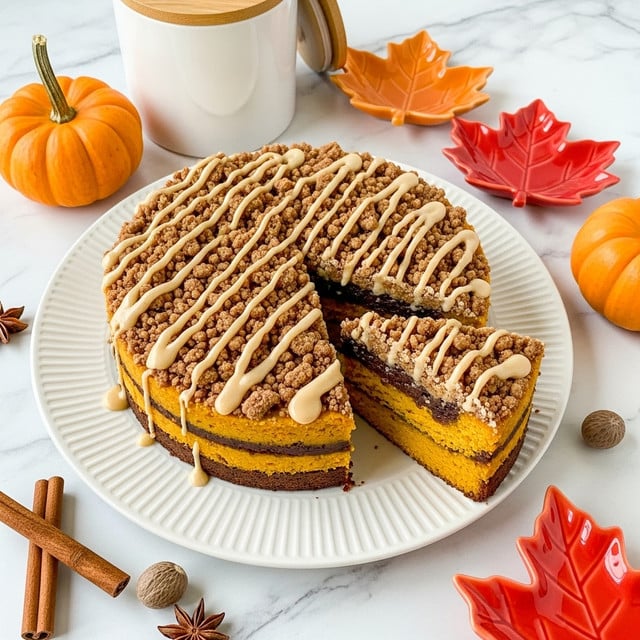 The image shows a round pumpkin crumb cake on a white plate with fine lines around the edge, placed on a white marbled surface. The cake has two layers of moist orange cake with a darker brown crumb layer in the middle and a thick crumb topping covered with a light beige icing drizzle. Two slices have been cut out but left close to the cake, showing the inside clearly. Around the plate are small decorative pumpkins, cinnamon sticks, a nutmeg seed, and star anise, adding an autumn feel, along with a glass jar with a wooden top and red-orange leaf-shaped bowls. Photo taken with an iphone --ar 4:5 --v 7