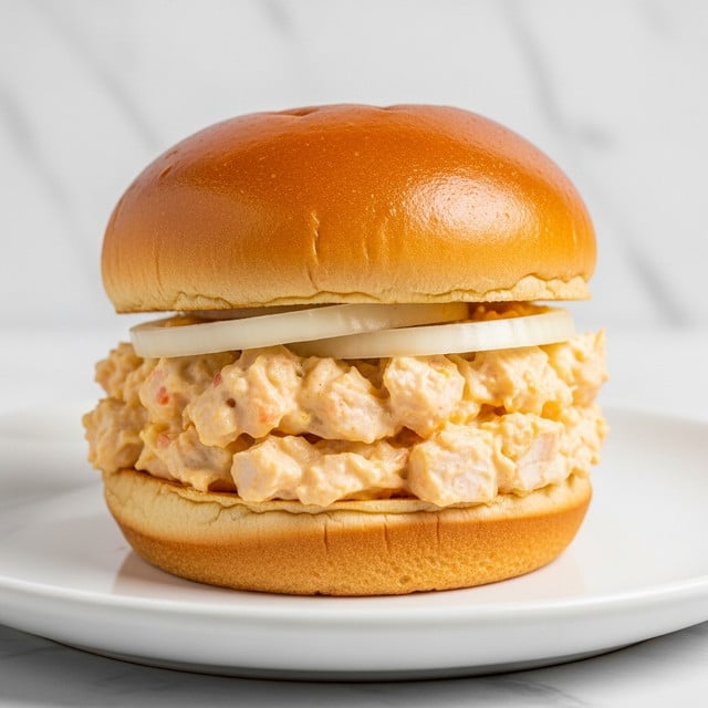 A close-up view of a sandwich on a white plate with a white marbled background. The sandwich has three layers: a shiny, soft light brown top bun, two thick layers of creamy orange chicken salad with small uneven chunks and a slightly glossy texture, separated by a smooth white slice of onion in the middle. The sandwich is perfectly centered with a soft, smooth light brown bottom bun holding it all together. Photo taken with an iphone --ar 4:5 --v 7