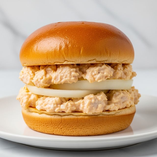 A close-up image of a sandwich on a white plate, with a soft, shiny golden-brown bun top, layered with two thick portions of creamy, orange-colored filling that looks smooth and slightly chunky, separated by a thin slice of white onion in the middle. The sandwich is placed on a white marbled surface, and the background shows a blurred second sandwich and a bottle of sauce. photo taken with an iphone --ar 4:5 --v 7