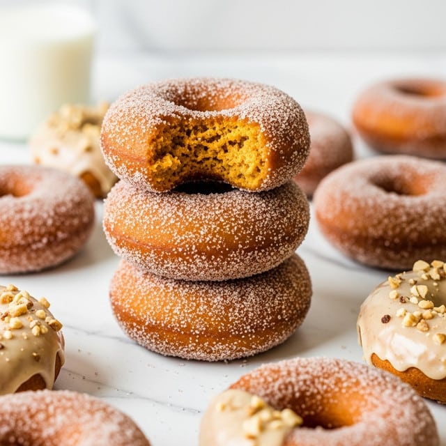 The image shows a stack of three sugar-coated donuts in the center, each with a rough, grainy texture from the sugar. The top donut has a bite taken out, revealing a soft, airy, orange-brown inside. Around the stack, there are more donuts scattered, some with smooth light glaze and small nut pieces on top. All the donuts are arranged on a white marbled surface, with a glass of milk blurred in the background. The overall colors are warm browns and soft creams, with a close-up, clear focus on the stacked donuts. photo taken with an iphone --ar 4:5 --v 7