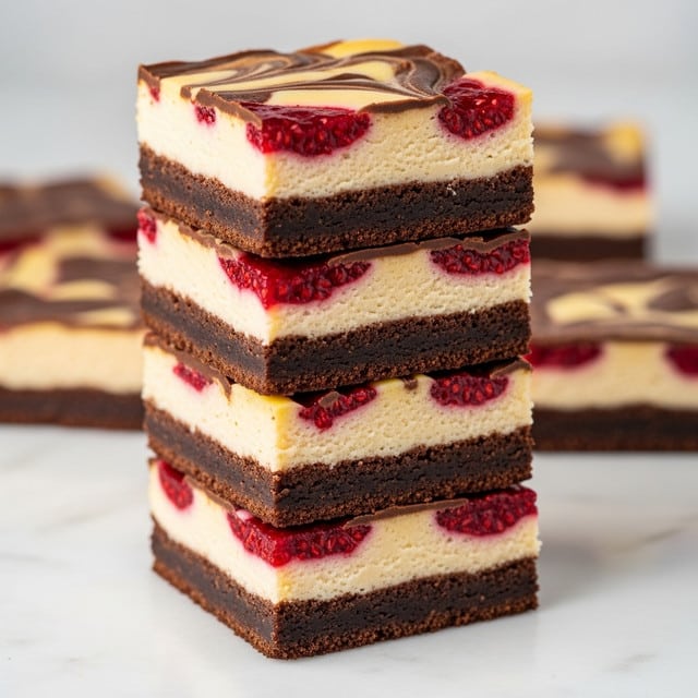 A stack of four square dessert bars is shown on a white marbled surface. Each bar has four layers: the bottom layer is dark brown and dense, the second layer is dark chocolate with a rich, fudgy texture, the third layer is cream-colored with swirls of deep red from a berry filling, and the top layer has a marbled pattern combining the cream and dark brown chocolate. The bars are thick and have clean, sharp edges, with the berry swirls adding a bright contrast to the chocolate layers. The focus is on the front stack, with a blurred background showing more bars on the same surface. photo taken with an iphone --ar 4:5 --v 7