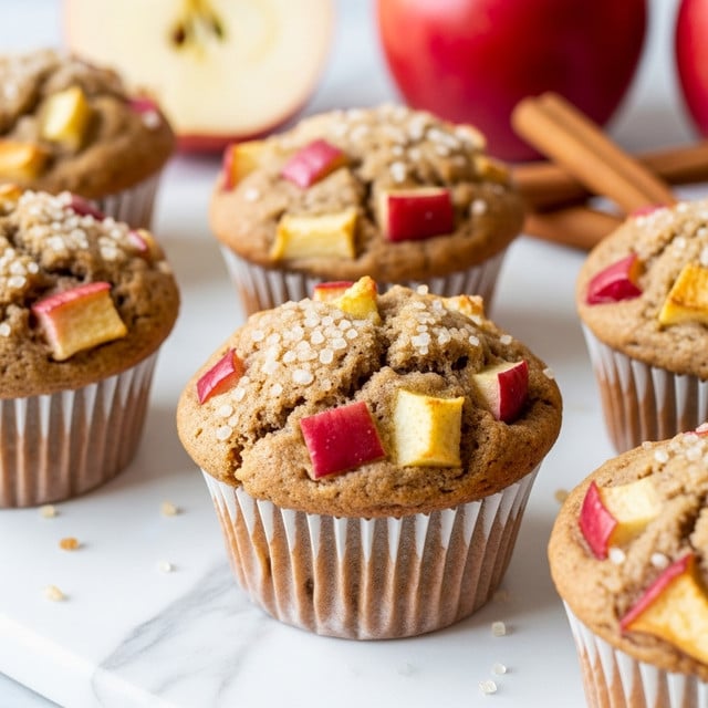 The image shows a close-up of several apple muffins placed on a white marbled texture. Each muffin has a light brown, slightly rough top with chunks of red and yellow apple pieces mixed into the batter. The muffins are in white paper liners with ridged edges, adding texture to the base. There are large sugar crystals sprinkled on top of the muffins, giving a slight sparkle. In the background, there is a red apple and cinnamon sticks placed nearby, complementing the apple theme of the muffins. The image has a cozy, fresh-baked feeling with soft lighting and a shallow depth of field. photo taken with an iphone --ar 4:5 --v 7
