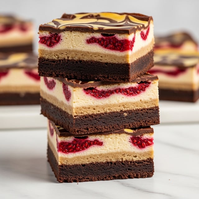 A stack of four square layered brownies sits on a white marbled surface, each piece showing five distinct layers: a dark chocolate base, a creamy beige cheesecake layer with a smooth texture, a bright red raspberry swirl that looks slightly glossy, followed by another cheesecake layer, and topped with a thin, marbled chocolate and cheesecake pattern. The edges are clean and the layers are evenly thick. The background is softly blurred to keep focus on the brownies. photo taken with an iphone --ar 4:5 --v 7