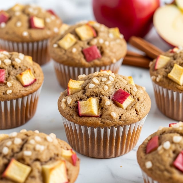 The image shows several apple muffins placed on a white marbled surface, each in a white paper cup liner. The muffins are golden brown with a soft texture, and they are studded with small chunks of red and pale yellow apples on the top and throughout. The tops of the muffins are slightly rounded and sprinkled with coarse sugar crystals that add a sparkling effect. One large red apple and cinnamon sticks are visible in the background, hinting at the muffin flavors. Photo taken with an iphone --ar 4:5 --v 7