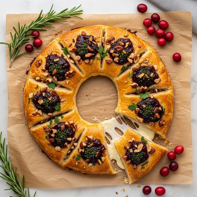 A round baked pastry ring with a golden brown, flaky crust sits on brown parchment paper over a white marbled surface. The ring is divided into eight segments, each topped with chopped nuts, green herbs, and a dollop of dark red cranberry sauce. One segment is pulled slightly away, revealing melted white cheese stretching out. Fresh rosemary sprigs and whole cranberries are scattered around the pastry, adding color and texture. Photo taken with an iphone --ar 4:5 --v 7