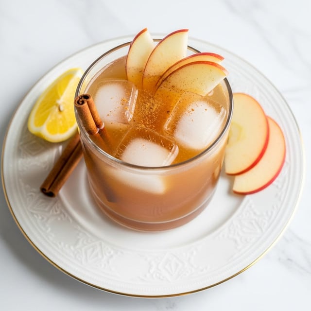 A clear glass filled with a light brown drink contains three large ice cubes and three thin apple slices floating on top, sprinkled lightly with cinnamon. The glass sits on a white plate with a thick gold decorative rim, resting on a white marbled surface. Around the glass on the plate, there is one cinnamon stick on the left side near the rim, a lemon wedge at the top left, and two apple slices placed to the right of the glass. The lighting highlights the drink’s clarity and the textures of the ice and fruit. Photo taken with an iphone --ar 4:5 --v 7