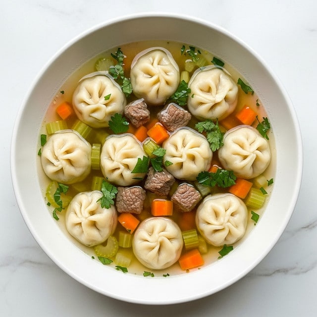A white bowl filled with clear broth soup contains seven round dumplings floating on top, each dumpling having delicate, pleated folds and a smooth pale dough texture. The soup also has small cubes of orange carrots, green celery, and chunks of brown meat scattered in the broth. Fresh green herbs are sprinkled over the dumplings and vegetables, adding a touch of color contrast. The bowl rests on a white marbled surface. photo taken with an iphone --ar 4:5 --v 7