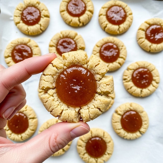 The image shows many thumbprint cookies arranged on white parchment paper on a baking tray, with one cookie held by a woman's hand close to the camera. Each cookie has one layer: a light golden-brown crumbly dough base that appears cracked and textured, with a well in the center filled with shiny, thick, orange-colored jam. The jam looks smooth and slightly sticky, contrasting with the rough, crumbly edges of the dough. The background surface is a white marbled texture. photo taken with an iphone --ar 4:5 --v 7