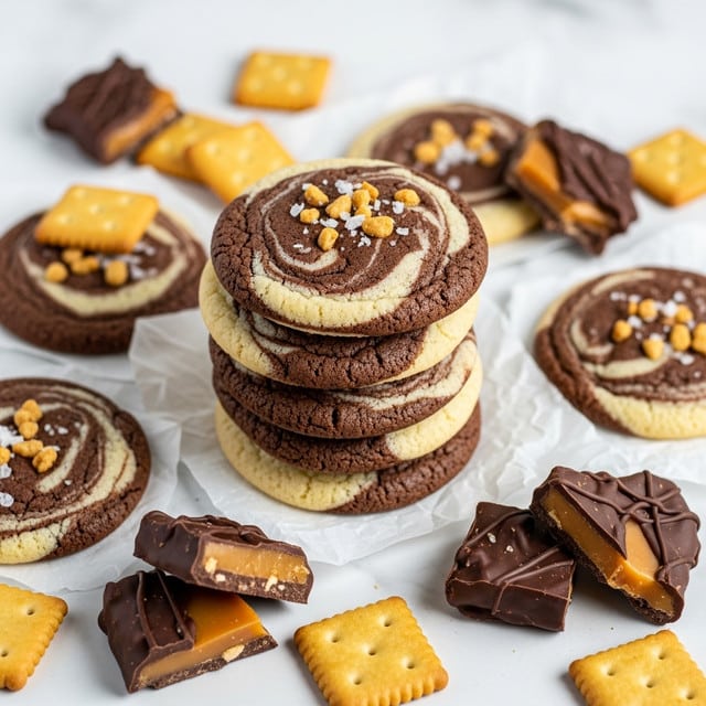 A stack of five round cookies sits in the center, each cookie showing a marbled pattern of light beige and dark brown swirls, topped with a sprinkle of coarse salt and small crunchy bits. Surrounding the stack are more cookies with the same marbled look, placed on white crinkled parchment paper over a white marbled surface. Scattered around are small square crackers with a golden-brown edge and pieces of candy bark, half covered in dark chocolate and half in creamy caramel, some broken into uneven chunks, adding a textured contrast to the scene. photo taken with an iphone --ar 4:5 --v 7
