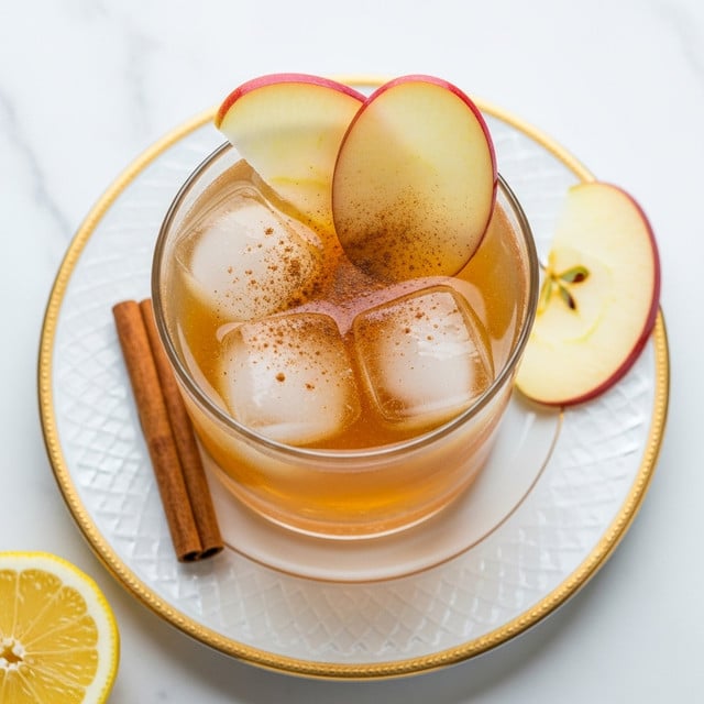 A clear glass filled with a light amber drink contains three large, clear ice cubes and three apple slices floating on top, slightly overlapping with a sprinkle of cinnamon powder in the drink. The glass sits on a white plate with a gold decorative rim, alongside a cinnamon stick on the left and a lemon wedge and an apple slice placed on the right side of the plate. All the elements rest on a white marbled surface. photo taken with an iphone --ar 4:5 --v 7