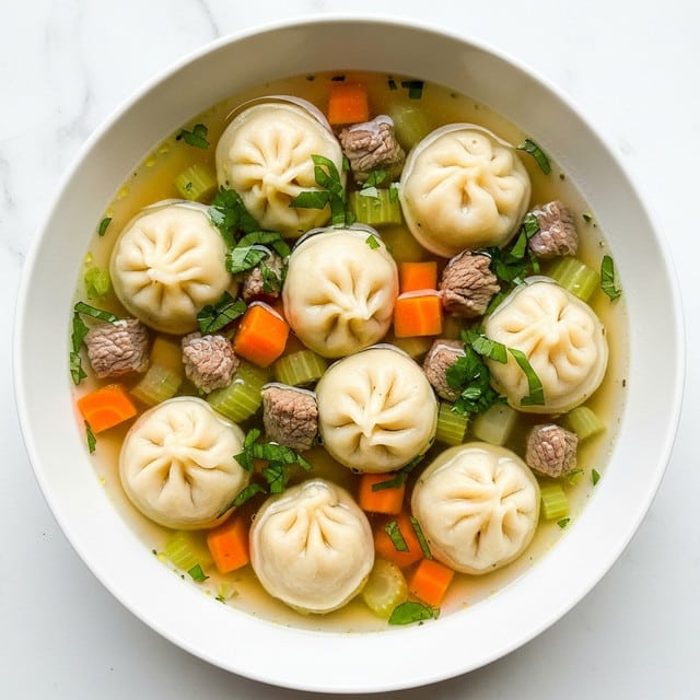 The image shows a white bowl filled with clear broth soup with six round dumplings arranged evenly on top. The dumplings are light beige with detailed folds creating a flower-like shape. Inside the soup are small cubes of orange carrots, green celery, and pieces of brown meat, all floating in the golden broth. Fresh green herbs are sprinkled on top, adding a touch of color. The bowl sits on a white marbled surface, and steam rises gently from the hot soup. Photo taken with an iphone --ar 4:5 --v 7