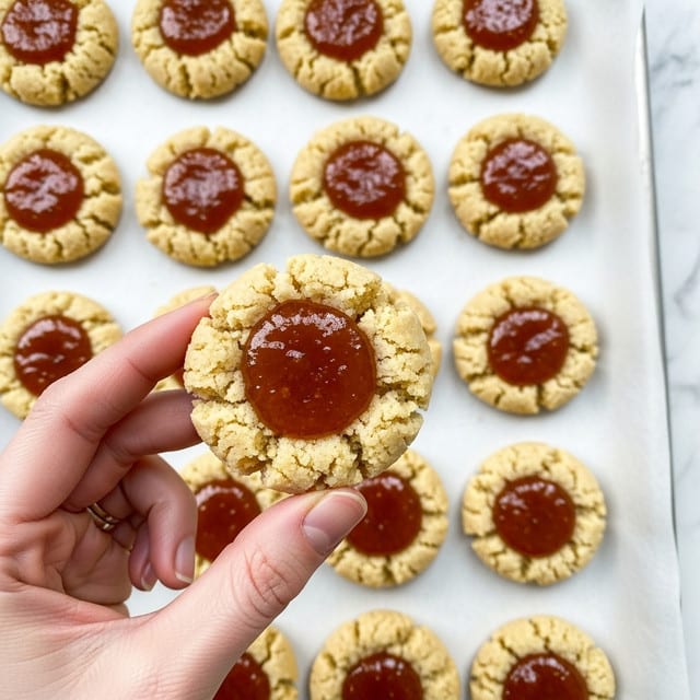 The image shows a baking tray lined with parchment paper holding many round, golden brown cookies with a cracked texture. Each cookie has a bright orange jam dollop in the center that looks glossy and slightly sticky. A woman's hand with painted nails is holding one cookie close to the camera, showing details of its crumbly outer edge and smooth jam in the middle. The cookies have a rough, cracked surface with a warm, toasted color around the edges that contrasts with the shiny jam in the center. The scene is set on a white marbled texture background. photo taken with an iphone --ar 4:5 --v 7