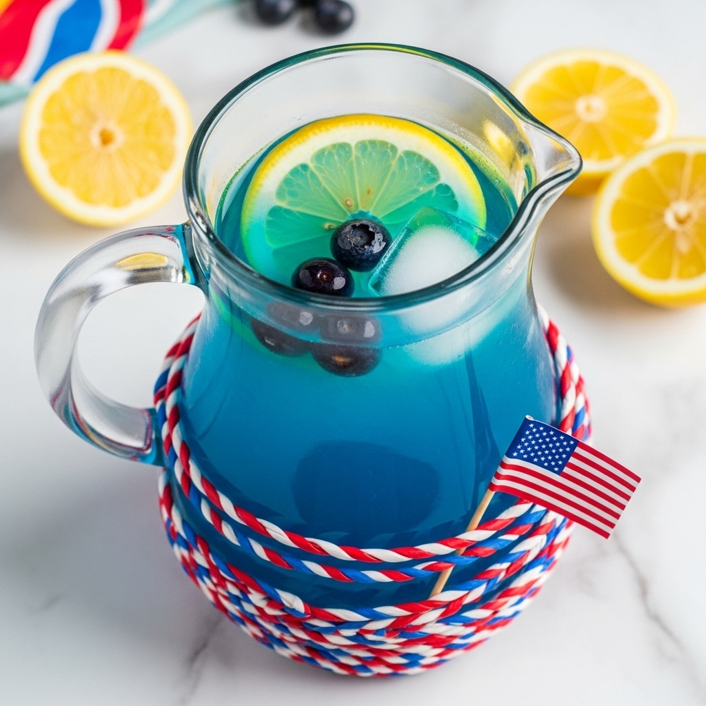 A clear glass pitcher filled with bright blue liquid sits at the center, topped with a yellow lemon slice that floats on the surface along with three dark purple blueberries and a white ice cube. The pitcher has a thick handle and is wrapped around the middle with crumpled red, white, and blue tissue paper, secured with a small American flag toothpick stuck in the paper. The pitcher rests on a round wooden board placed on a white marbled surface, surrounded by more lemon slices and blueberries scattered around. The background is softly blurred with hints of red, white, and blue decorations. photo taken with an iphone --ar 4:5 --v 7