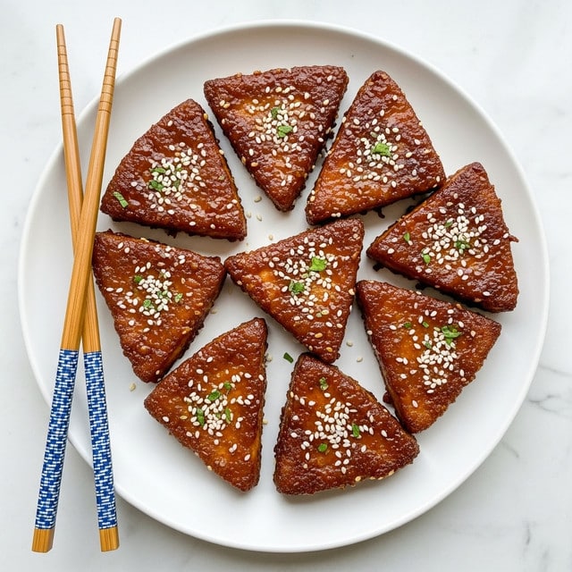 A white round plate holds eight triangular crispy tofu pieces arranged in a slightly overlapping circle. Each tofu piece is golden brown with glossy, caramelized sauce coating, and sprinkled with white sesame seeds and small green herb bits. Two bamboo chopsticks with blue patterned grips rest on the plate’s edge. The plate is placed on a white marbled texture surface. photo taken with an iphone --ar 4:5 --v 7