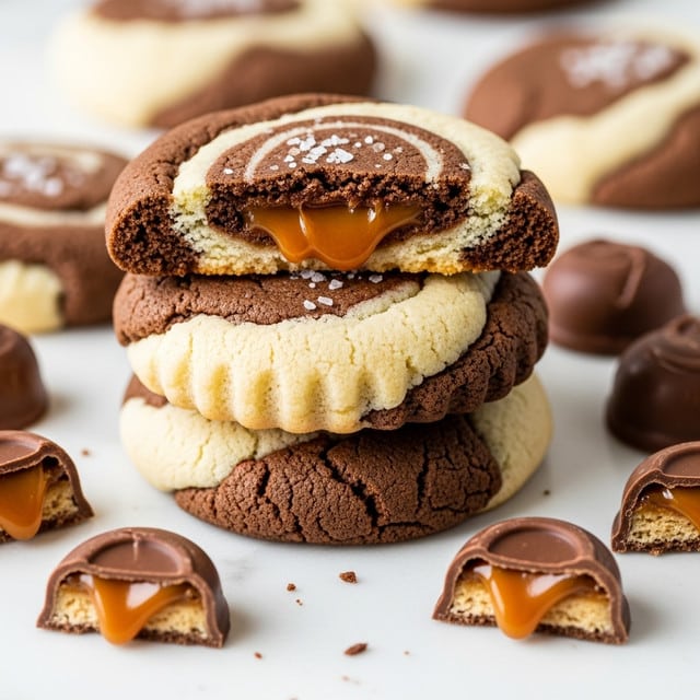 A stack of three round cookies sits on a white marbled surface, each cookie showing a swirled pattern of light beige and dark brown dough, with some coarse salt flakes sprinkled on top. The cookies appear soft and slightly cracked with a textured edge, and broken pieces of chocolate-covered caramel candy are scattered around the stack, revealing gooey caramel inside. The background is softly blurred, focusing attention on the close-up details of the cookies and candy. Photo taken with an iphone --ar 4:5 --v 7