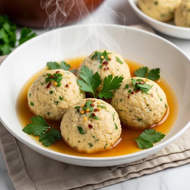 The image shows a white bowl with four round, light beige dumplings sitting in a shallow golden-brown broth. Each dumpling has a smooth, slightly textured surface sprinkled with small green herb pieces and red pepper flakes. Fresh green parsley leaves are placed on top and around the dumplings. There is steam rising from the bowl, indicating the dish is hot. The bowl is set on a beige cloth, all resting on a white marbled surface. In the background, there is a brown pot with more dumplings visible. photo taken with an iphone --ar 4:5 --v 7