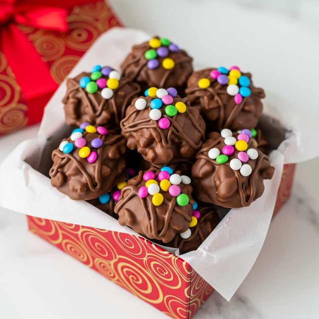 A red gift box with a red and gold swirl pattern holds a pile of unevenly shaped chocolate clusters, each covered in smooth, glossy brown chocolate. These clusters have a rich, creamy texture with small bumps and curves throughout. On top of each cluster is a vibrant mix of small round candy sprinkles in colors like white, yellow, blue, pink, red, green, and purple, adding a fun pop of color. The box is lined with white parchment paper, and the whole image is set on a white marbled surface. photo taken with an iphone --ar 4:5 --v 7