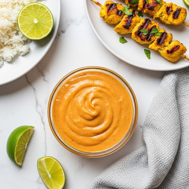 The image shows a small clear glass bowl filled with creamy, smooth orange sauce with a few tiny specks, placed at the center on a white marbled surface. Around the bowl, to the upper right, there is a white plate holding two skewers of grilled chicken with a golden-brown color and small green herb pieces sprinkled on top. To the upper left, part of a white plate is visible with white rice and a green lime wedge resting on the rice. There are additional lime wedges placed on the marbled surface to the bottom left. A light gray textured cloth is draped casually near the bowls and plates. Photo taken with an iphone --ar 4:5 --v 7