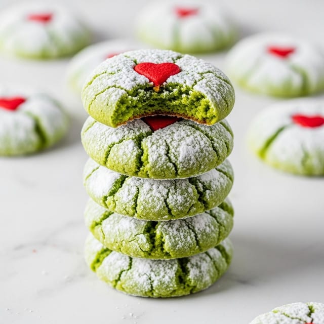 A stack of five green cookies dusted heavily with white powdered sugar is set on a white marbled surface. The cookies have a cracked texture showing the soft, green inside, and the top cookie has a visible bite taken out of it, exposing its moist and crumbly interior. Each cookie is decorated with a small, red heart placed in the center. The background is softly blurred with the same cookies scattered around, highlighting the focus on the stack. photo taken with an iphone --ar 4:5 --v 7