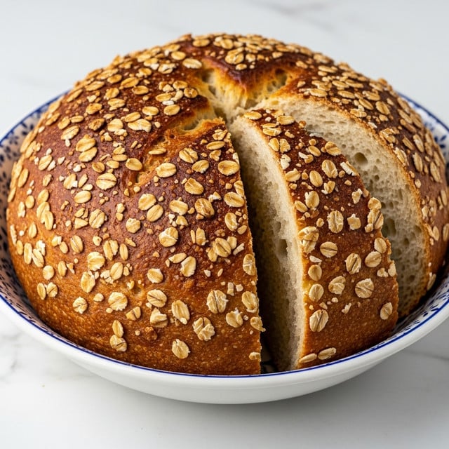 A round loaf of bread with a deep golden-brown crust covered in oats sits in a white bowl with blue patterns on the rim, placed on a white marbled surface. The loaf is cut partially into three large wedges, revealing a light, airy interior with a soft, spongy texture. The crust looks crunchy and shiny, with oats scattered unevenly on top, adding a rough texture. The close-up view highlights the contrast between the rough, oat-covered crust and the smooth, soft bread inside. photo taken with an iphone --ar 4:5 --v 7