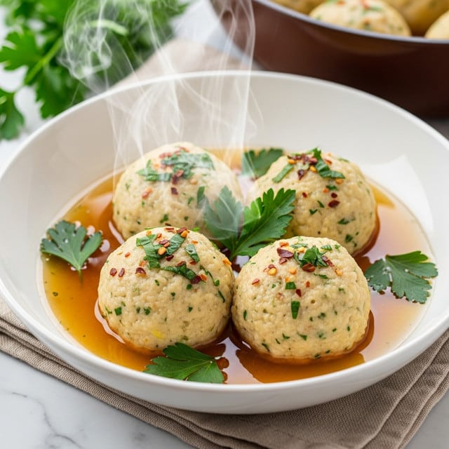 The image shows four round dumplings with a soft, creamy beige color, each sprinkled lightly with black pepper and tiny green herb pieces. They sit in a shallow pool of clear, golden broth, with bright green parsley leaves resting on and around the dumplings. The dumplings are placed in a deep white bowl on top of a folded light beige cloth, all set against a white marbled surface. In the background, there is a blurred pot with more dumplings, with steam rising gently from both the dumplings in the bowl and the pot, adding a warm, fresh-cooked feel. photo taken with an iphone --ar 4:5 --v 7