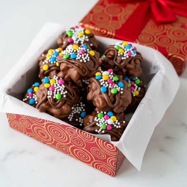 The image shows a group of small chocolate clusters, each with a rough, uneven shape and a shiny, smooth surface. The clusters have a thick layer of milk chocolate covering them, with colorful round sprinkles scattered on top, featuring bright colors like red, yellow, blue, green, pink, and white. They are placed closely together inside a white paper-lined red box with gold swirl patterns on the rim, set on a white marbled surface. Photo taken with an iphone --ar 4:5 --v 7