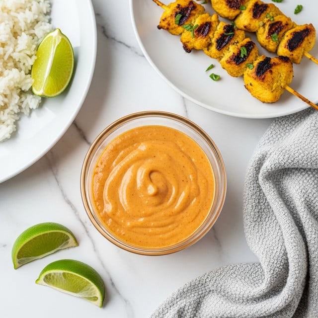 A small clear glass jar filled with smooth, creamy orange-colored peanut sauce sits in the center of the image, showing a glossy texture with subtle swirls on top. On the left side, there is a white plate holding a serving of white rice topped with a piece of grilled chicken skewer that is golden brown with charred spots and sprinkled with chopped green herbs. Lemon wedges with bright green rinds and pale yellow interiors are placed around the jar and plate, resting on a white textured cloth that sits on a white marbled surface. photo taken with an iphone --ar 4:5 --v 7
